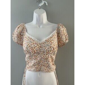 Hollister Y2K White Floral Milkmaid Babydoll Crop Top Size XS Coquette Ruching